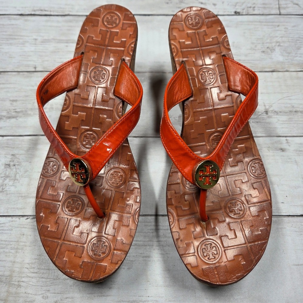 Tory Burch Thora Wedge‎ Sandals Thong Cork Platform Women 7.5 Orange